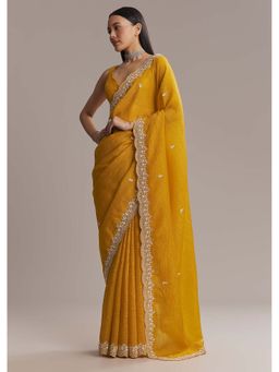 KALKI FASHION - Mustard Yellow Tissue Scallop Border Embellished Saree with Unstitched Blouse