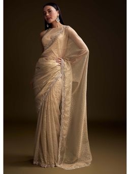 KALKI FASHION - Beige Jacquard Sequin & Stone Embellished Saree with Unstitched Blouse