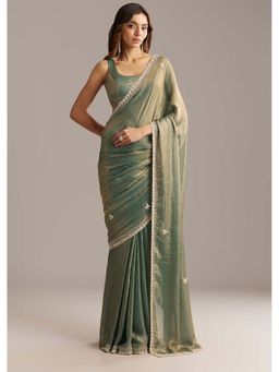 KALKI FASHION - Green Chinon Velvet Touch & Sequin Work Saree with Unstitched Blouse