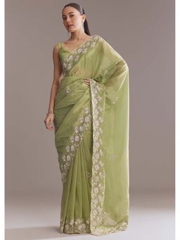 KALKI FASHION - Green Tissue Bead & Sequin Embellished Saree with Unstitched Blouse