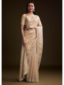 KALKI FASHION - Beige Tissue Sequin & Stone Embellished Saree with Unstitched Blouse