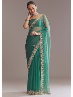 KALKI FASHION - Teal Green Two Tone Tissue Sequin & Stone Embellished Saree with Unstitched Blouse