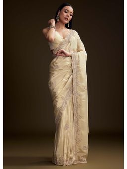 KALKI FASHION - Cream Tissue Zardozi & Bead Embellished Saree with Unstitched Blouse