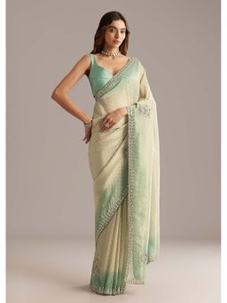 KALKI FASHION - Beige Jacquard Mirror & Bead Embellished Saree with Unstitched Blouse