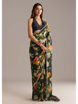 KALKI FASHION - Black Crepe Floral Print & Stone Saree with Unstitched Blouse