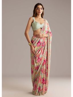 KALKI FASHION - Pista Green Crepe Floral Print & Sequin Work Saree with Unstitched Blouse