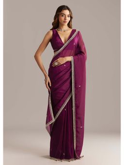 KALKI FASHION - Wine Stone & Sequin Silk Saree with Unstitched Blouse