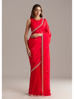 KALKI FASHION - Red Stone & Sequin Silk Saree with Unstitched Blouse