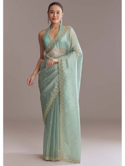 KALKI FASHION - Mint Blue Tissue Sequin & Bead Embellished Saree with Unstitched Blouse