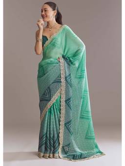 KALKI FASHION - Green Satin Ombre Printed Saree with Unstitched Blouse