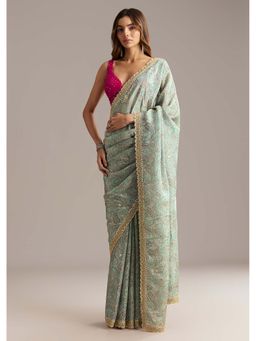 KALKI FASHION - Dusky Blue Jacquard Mirror & Cutdana Embellished Saree with Unstitched Blouse