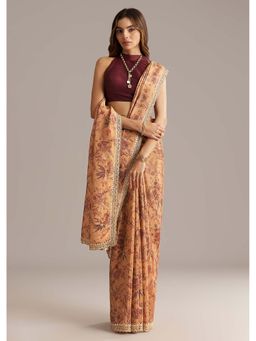 KALKI FASHION - Dusky Peach Jacquard Mirror & Sequin Printed Saree with Unstitched Blouse