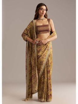 KALKI FASHION - Dusky Yellow Tissue Sequins & Mirror Printed Saree with Unstitched Blouse