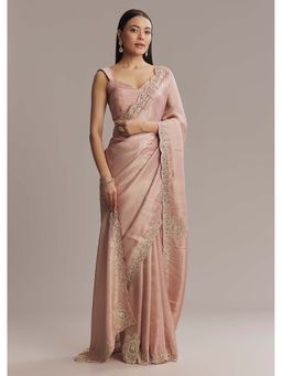 KALKI FASHION - Pink Jacquard Zardozi & Stone Embellished Saree with Unstitched Blouse
