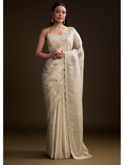 KALKI FASHION - Off White Jacquard Zardozi & Stone Embellished Saree with Unstitched Blouse