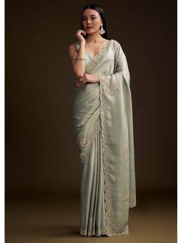 KALKI FASHION - Mint Blue Jacquard Zardozi & Mirror Embellished Saree with Unstitched Blouse
