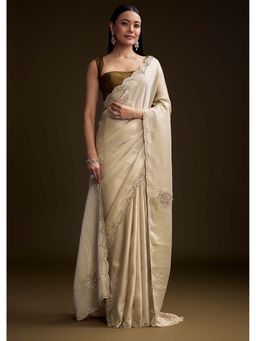 KALKI FASHION - Beige Jacquard Zardozi & Mirror Embellished Saree with Unstitched Blouse