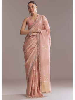 KALKI FASHION - Rose Pink Tissue Zardozi & Mirror Embellished Saree with Unstitched Blouse
