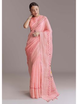 KALKI FASHION - Peach Linen Resham Embroidery Saree with Unstitched Blouse