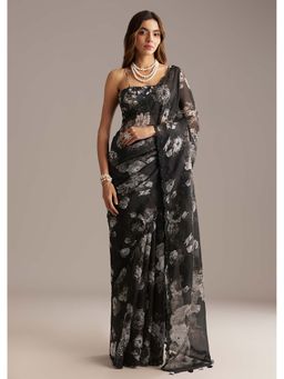 KALKI FASHION - Black Organza Floral Print & Sequin Saree with Unstitched Blouse