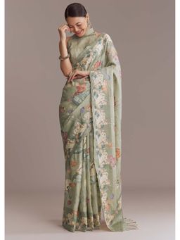 KALKI FASHION - Green Tussar Embroidered Nature Motifs Saree with Unstitched Blouse
