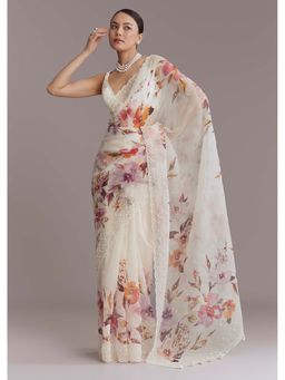 KALKI FASHION - White Organza Bead Embroidery Printed Saree with Unstitched Blouse