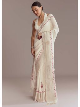 KALKI FASHION - Off White Linen Resham Embroidery Saree with Unstitched Blouse