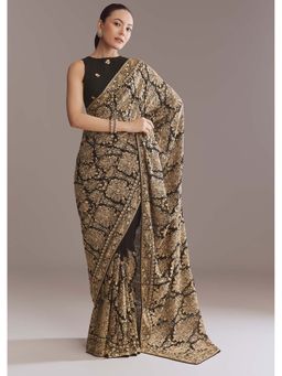 KALKI FASHION - Black Georgette Kashmiri Kashida Embroidery Saree with Unstitched Blouse