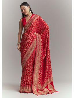 KALKI FASHION - Red Banarasi Silk Woven Saree with Unstitched Blouse