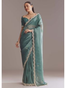 KALKI FASHION - Teal Green Bead & Sequin Silk Saree with Unstitched Blouse