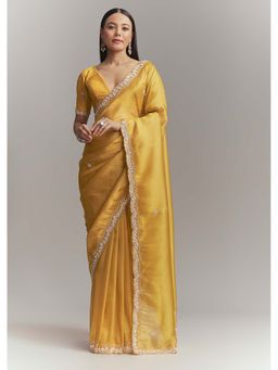 KALKI FASHION - Mustard Yellow Tissue Embellished Saree with Unstitched Blouse