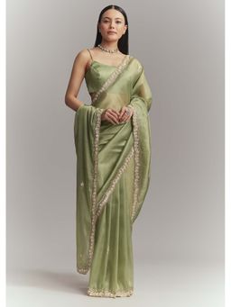KALKI FASHION - Pista Green Tissue Embellished Saree with Unstitched Blouse