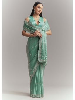 KALKI FASHION - Aqua Green Chinon Embellished Saree with Unstitched Blouse