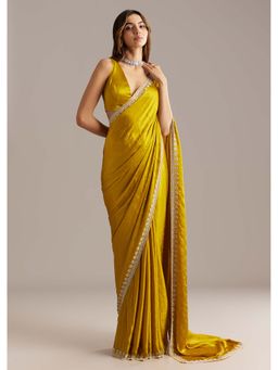 KALKI FASHION - Yellow Chinon Stone & Sequin Embellished Saree with Unstitched Blouse