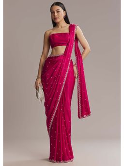 KALKI FASHION - Hot Pink Chinon Cutdana & Stone Embellished Saree with Unstitched Blouse