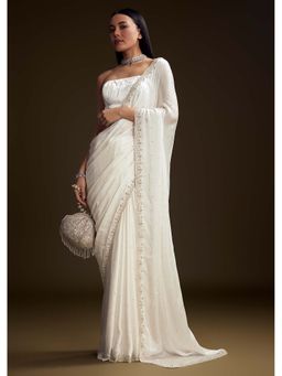 KALKI FASHION - White Chinon Stone & Sequin Embellished Saree with Unstitched Blouse
