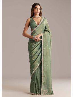 KALKI FASHION - Green Tissue Bead & Cutdana Embellished Saree with Unstitched Blouse
