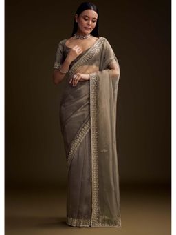 KALKI FASHION - Grey Tissue Floral & Zardozi Embellished Saree with Unstitched Blouse