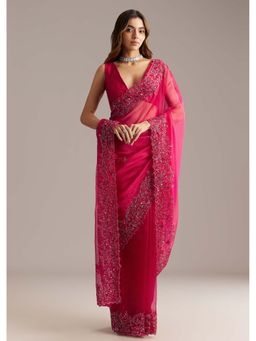 KALKI FASHION - Hot Pink Organza Stone & Cutdana Embellished Saree with Unstitched Blouse