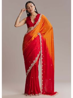 KALKI FASHION - Orange & Red Chinon Sequin & Bead Embellished Saree with Unstitched Blouse