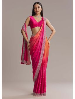 KALKI FASHION - Hot Pink & Orange Chinon Heavy Embellished Saree with Unstitched Blouse