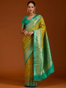 Koskii - Parrot Green Pochampalli Woven Silk Saree with Unstitched Blouse
