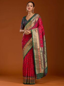 Koskii - Rani Pink Pochampalli Woven Silk Saree with Unstitched Blouse