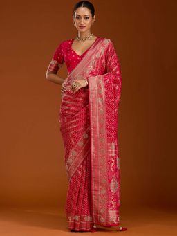 Koskii - Magenta Pink Stonework Woven Silk Saree with Unstitched Blouse