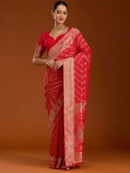 Koskii - Red Stonework Woven Silk Saree with Unstitched Blouse