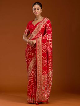 Koskii - Red Stonework Woven Silk Saree with Unstitched Blouse