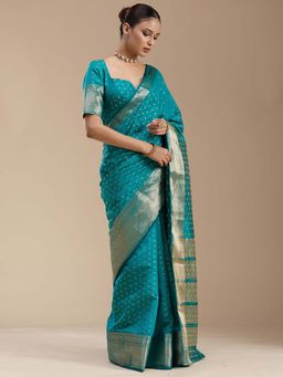 Koskii - Turquoise Blue Zari Work Gold Tussar Woven Saree with Unstitched Blouse