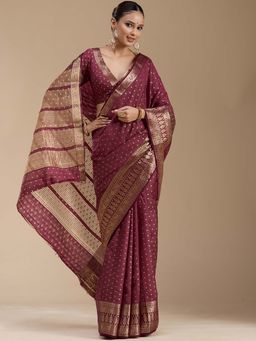 Koskii - Wine Zari Work Gold Woven Silk Saree with Unstitched Blouse