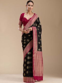 Koskii - Black Zari Work Gold Georgette Woven Saree with Unstitched Blouse