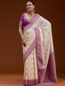 Koskii - Off White Zari Work Gold Georgette Woven Saree with Unstitched Blouse